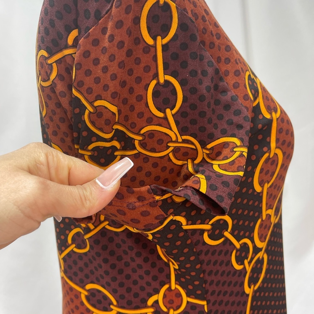 Chain Print Brown polkadot Dress stretchy flowy short sleeve women’s size M - Picture 7 of 15